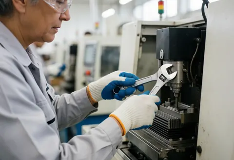 A technician in protective gear performs precision maintenance on industrial equipment in a manufacturing facility