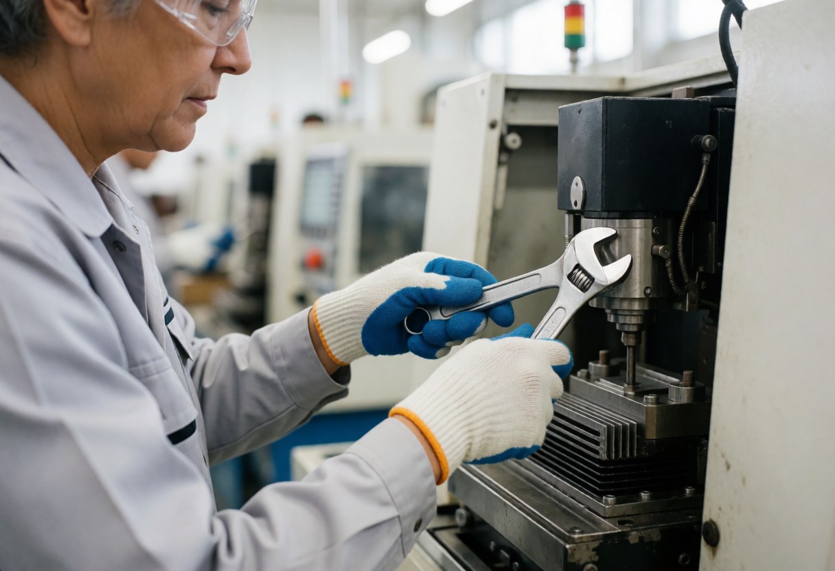 Technician with gloves adjusting a wrench on a manufacturing machine in a factory.