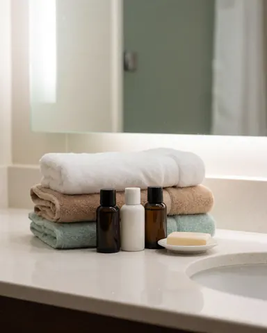 View of a hotel bathroom with folded towels, soap, and bottles of products on the sink.
