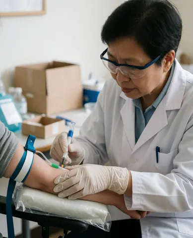 Clinical professional with gloves and glasses drawing blood from a patient on a lab table.