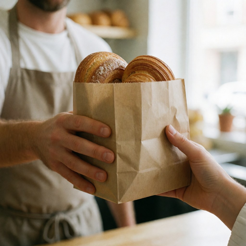 A baker hands a paper bag filled with croissants to a customer in a bakery.