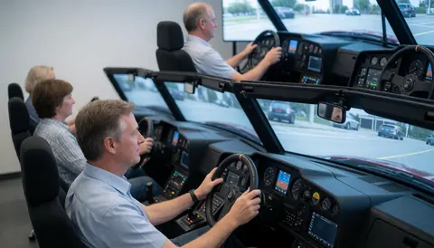 Modern driving simulators with steering wheels and screens in a professional training center for driving school students