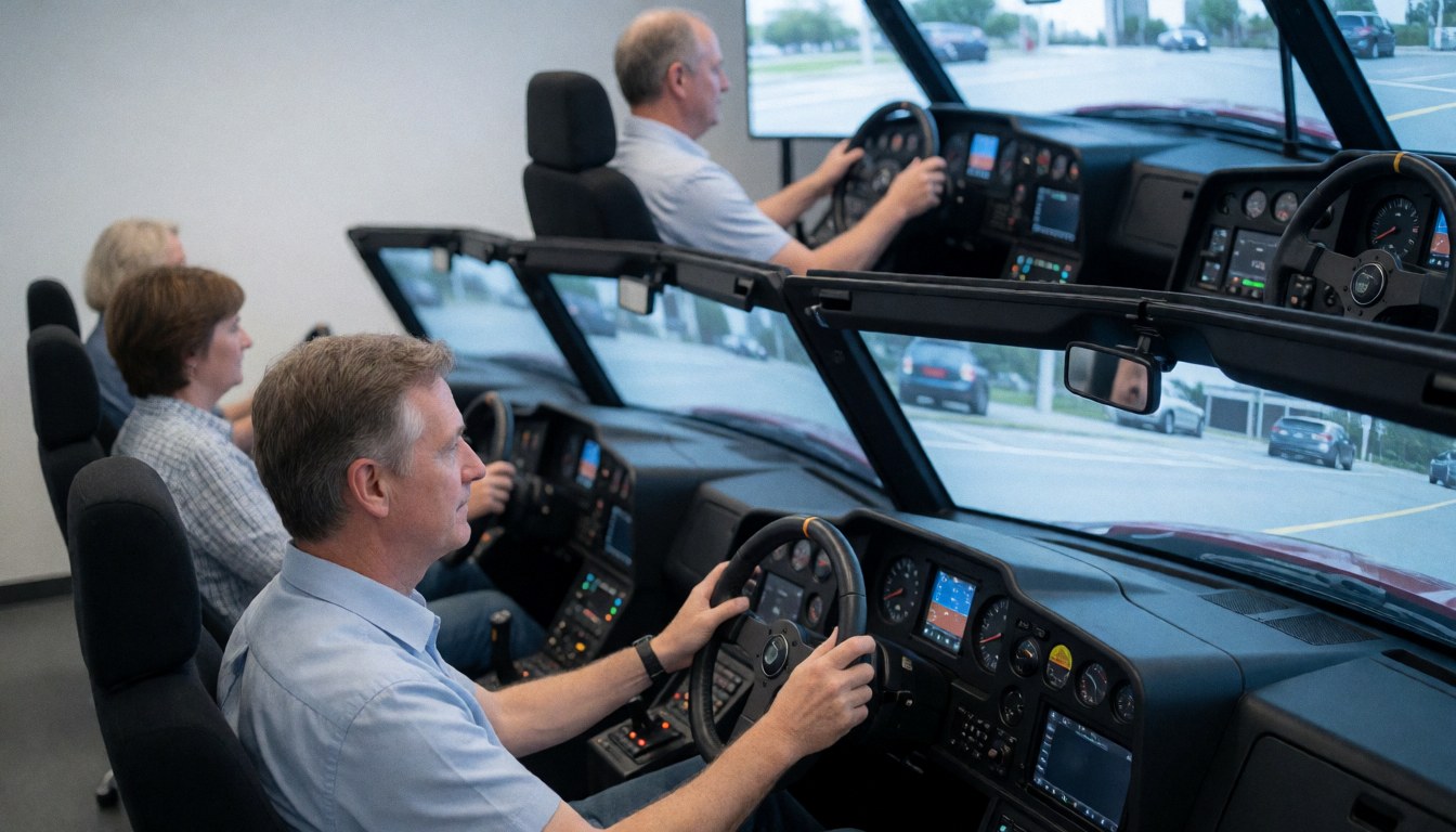 Modern driving simulators with steering wheels and screens in a professional training center for driving school students