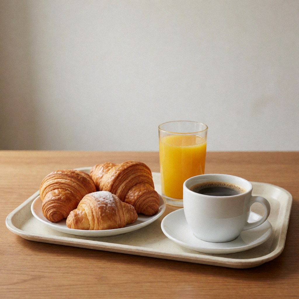 Breakfast served on a tray with croissants, black coffee and a glass of orange juice on a wooden table.