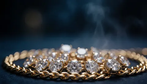 Gold necklace with sparkling diamonds on a dark background, luxury and elegance in jewelry.