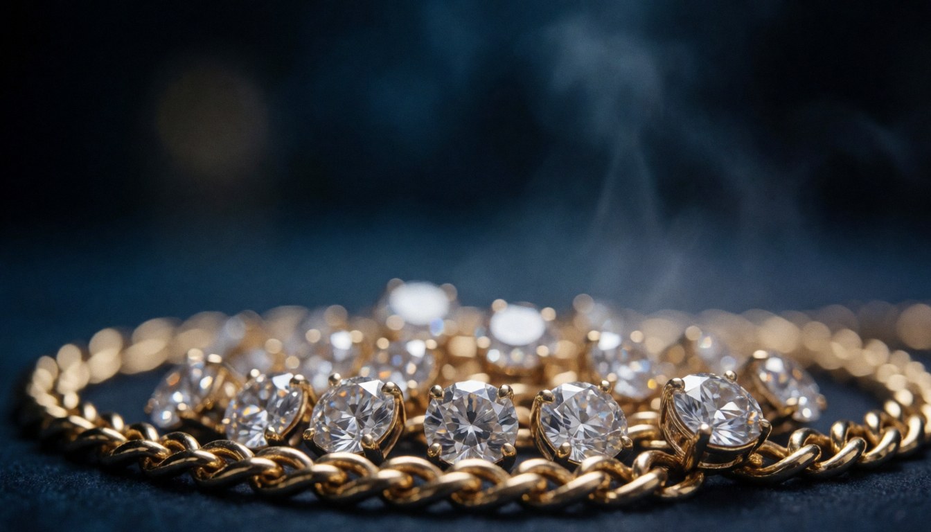 Gold necklace with sparkling diamonds on a dark background, luxury and elegance in jewelry.