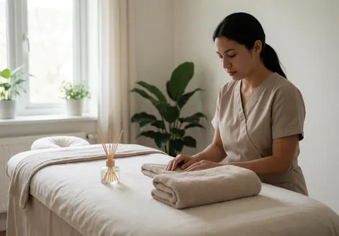 A therapist prepares fresh towels on a massage table in a bright, clean room with plants and an aroma diffuser.