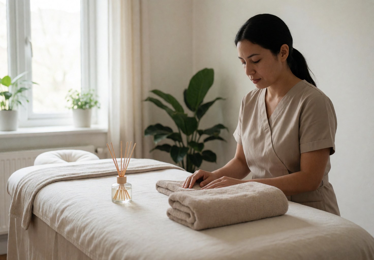 A woman in spa uniform prepares towels on a treatment table in a room with plants and natural light.