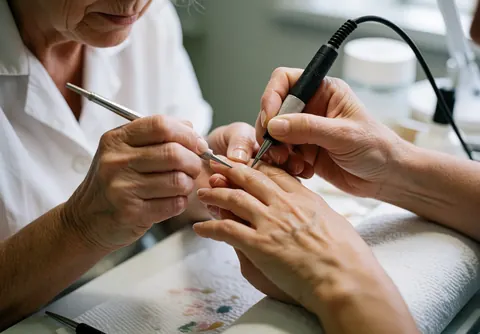 A professional manicurist carefully applying nail polish to a client's nails using tools in a bright salon with soft lighting and detailed textures.