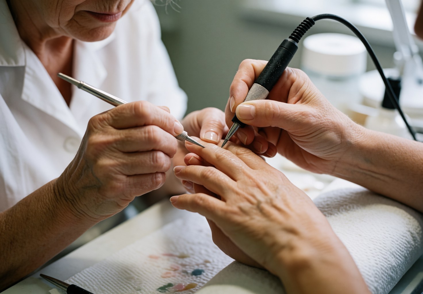 Nail technician with gloves working precisely on a client's nails using electric and manual tools on a work table.