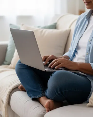 A person using a laptop computer sitting on a couch at home, with cushions and a blanket.