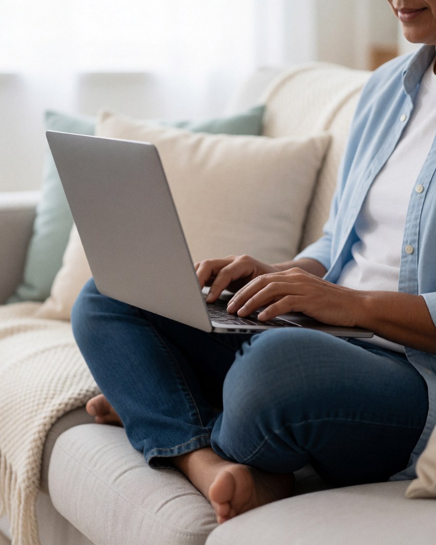 A person using a laptop computer sitting on a couch at home, with cushions and a blanket.