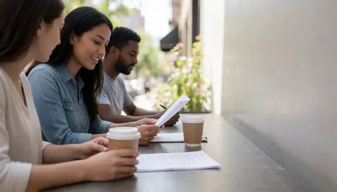 A diverse group of professionals collaborating on documents and coffee during an outdoor strategic planning meeting in a natural setting