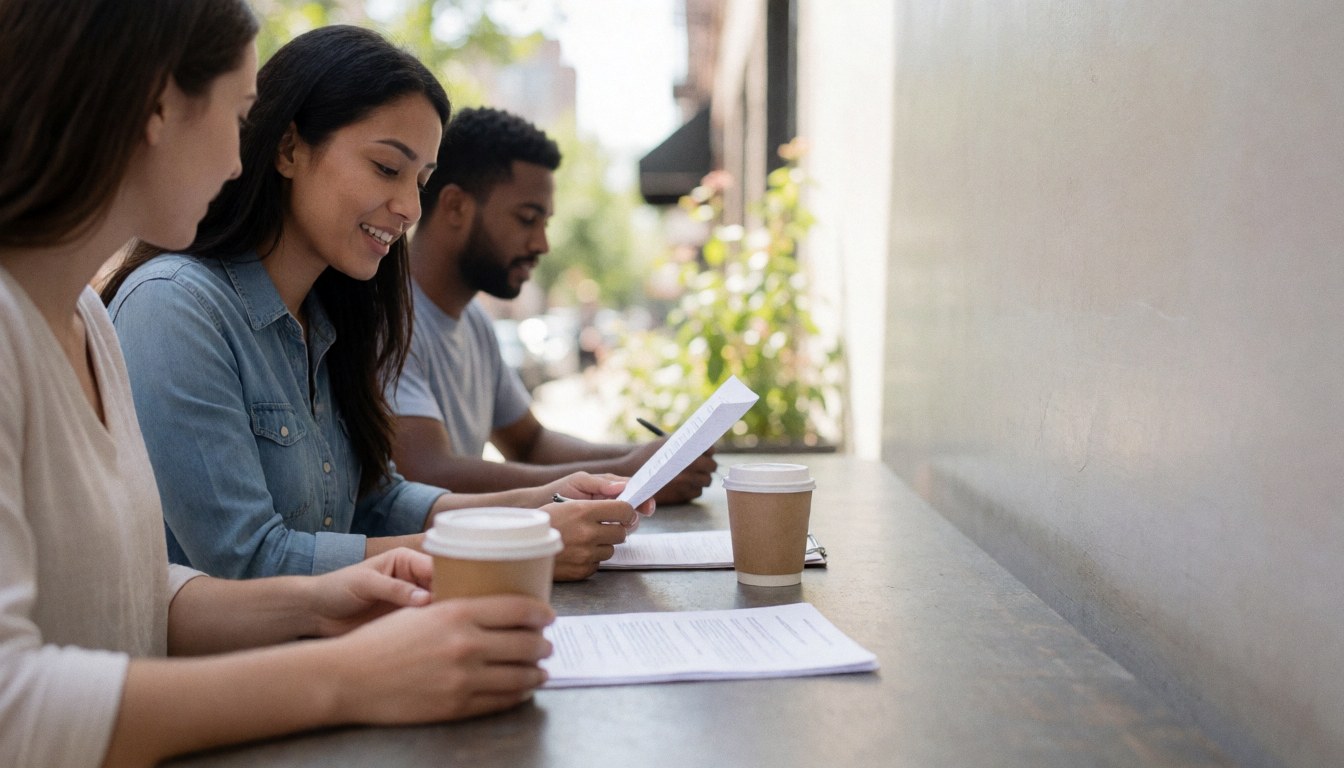 A diverse group of professionals collaborating on documents and coffee during an outdoor strategic planning meeting in a natural setting