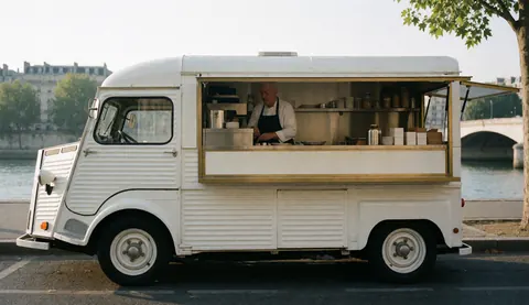 A white coffee truck with gold details parked by the Seine river in Paris, with a man preparing coffee in the morning light