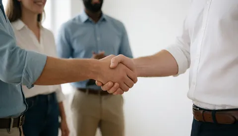 Two business people shaking hands in a modern office with a blurred background, conveying trust and professional collaboration.