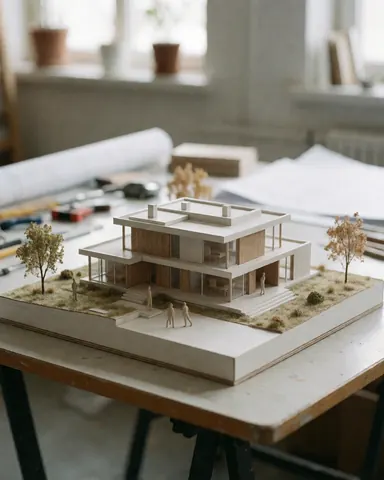 Architectural model of a modern house with human figures on a desk with blueprints and tools.