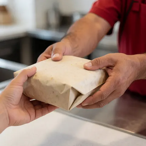 Close-up of a hand holding a wrapped fast food order in brown kraft paper, ready for delivery to a customer at a quick service restaurant