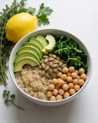 Bowl with quinoa, avocado, chickpeas, kale and pumpkin seeds on white background.