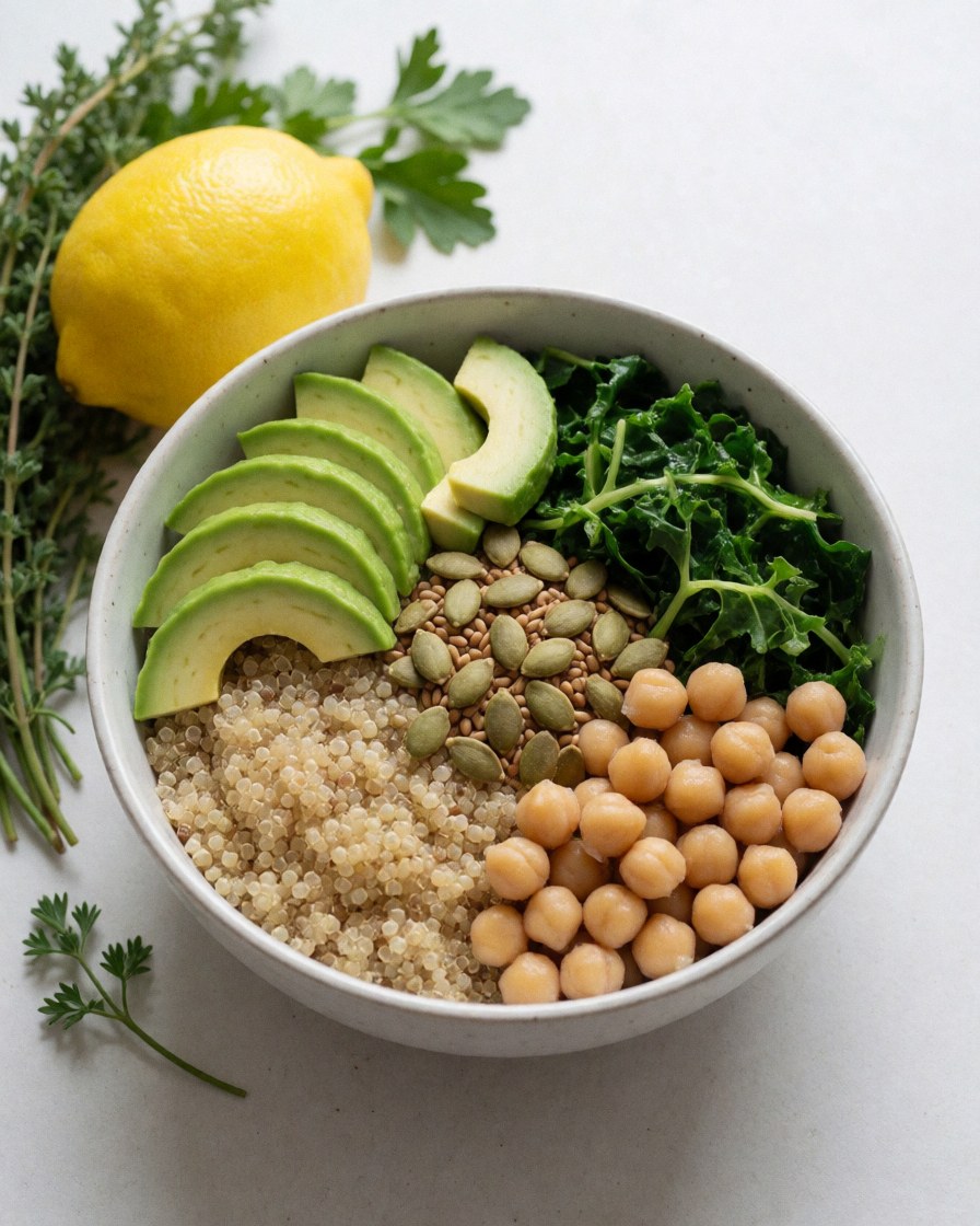 Bowl with quinoa, avocado, chickpeas, kale and pumpkin seeds on white background.