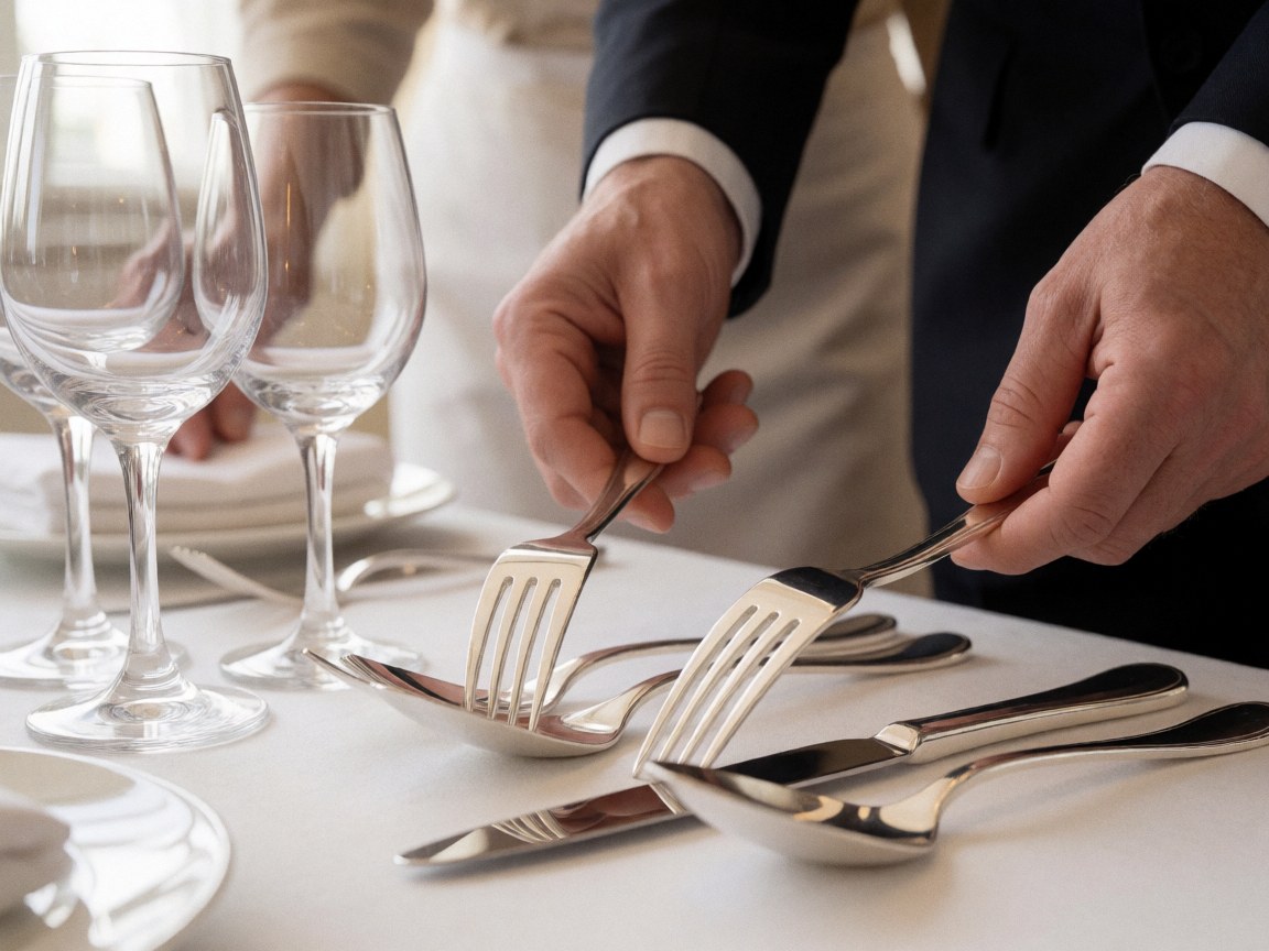 A server's hands placing cutlery and glasses on a white table in a restaurant.