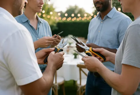Event crew installing string lights in a garden with decorated tables in the background, creating a warm and professional atmosphere for an outdoor gathering.