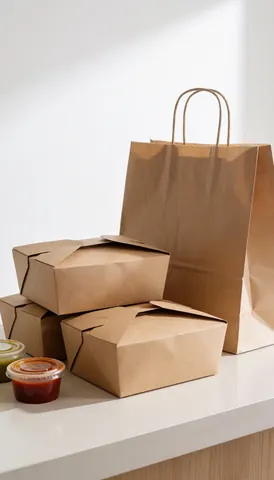 Fast food takeout boxes in cardboard and paper bag on a white counter, ready for delivery.