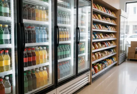 Refrigerators with cold drinks and shelves with snacks in a convenience store.