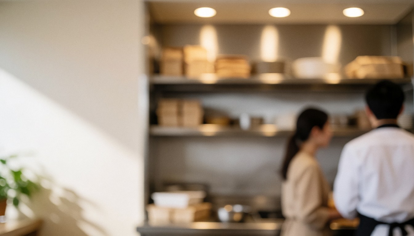 Two people working in a professional kitchen with shelves and warm lighting.
