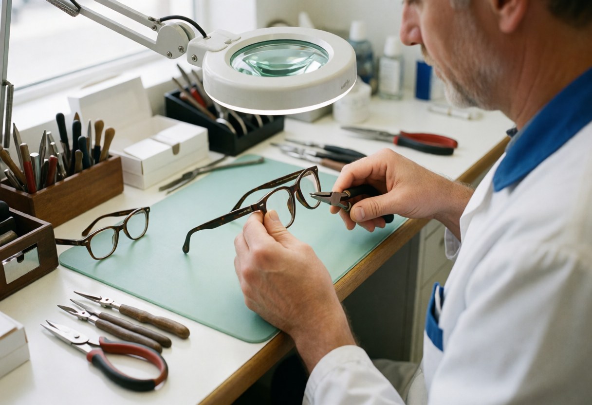 An optician adjusts a eyeglass frame with pliers in an optical workshop with tools and a magnifying lamp.