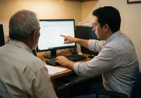 Tech support explaining something on a computer screen to an older customer in an office.