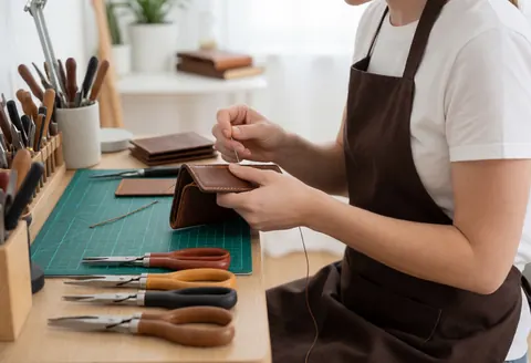 A craftswoman sewing a brown leather wallet with thread on a worktable with sewing tools.