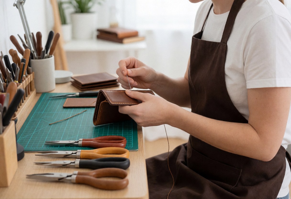 A craftswoman sewing a brown leather wallet with thread on a worktable with sewing tools.