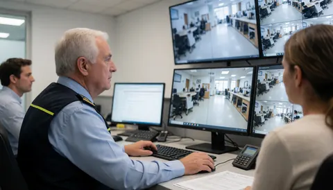 A security professional monitors multiple camera feeds on screens while a colleague reviews documents in a control room.