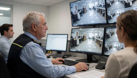 A security professional monitors multiple camera feeds on screens while a colleague reviews documents in a control room.