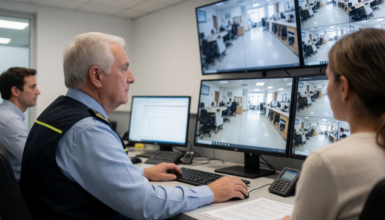 A security professional monitors multiple camera feeds on screens while a colleague reviews documents in a control room.