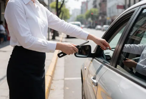driving instructor guiding a student through a parking demonstration in a vehicle on a city street