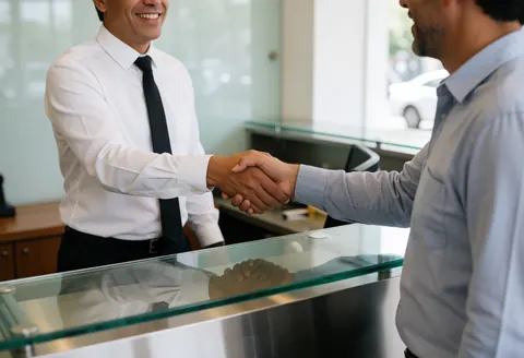 A smiling employee shakes hands with a customer at a modern office reception desk with a glass counter.