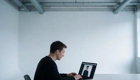 A young man working on a laptop computer in a minimalist office with exposed pipes on the ceiling.