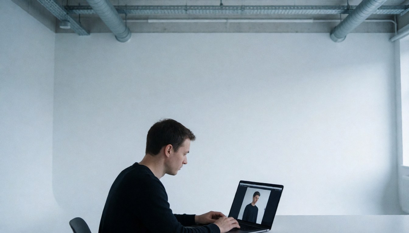 A minimalist photography studio featuring industrial design elements, a laptop on a desk, and ample white space above for website hero text.