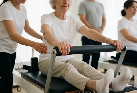 An older woman performs pilates exercises on a reformer machine with the help of an instructor in a clean professional studio.