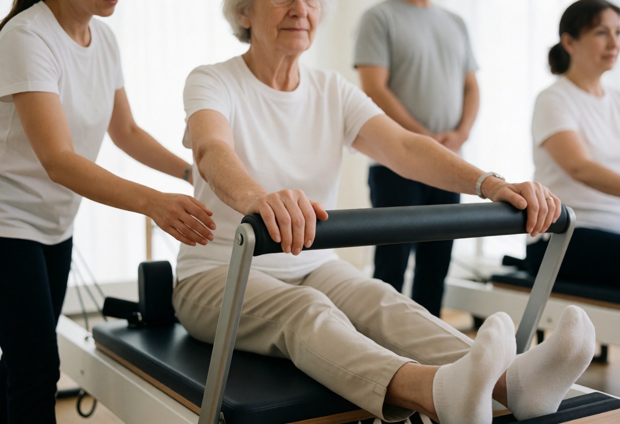 A senior woman performs pilates exercises on a machine with the assistance of an instructor in a physiotherapy studio.
