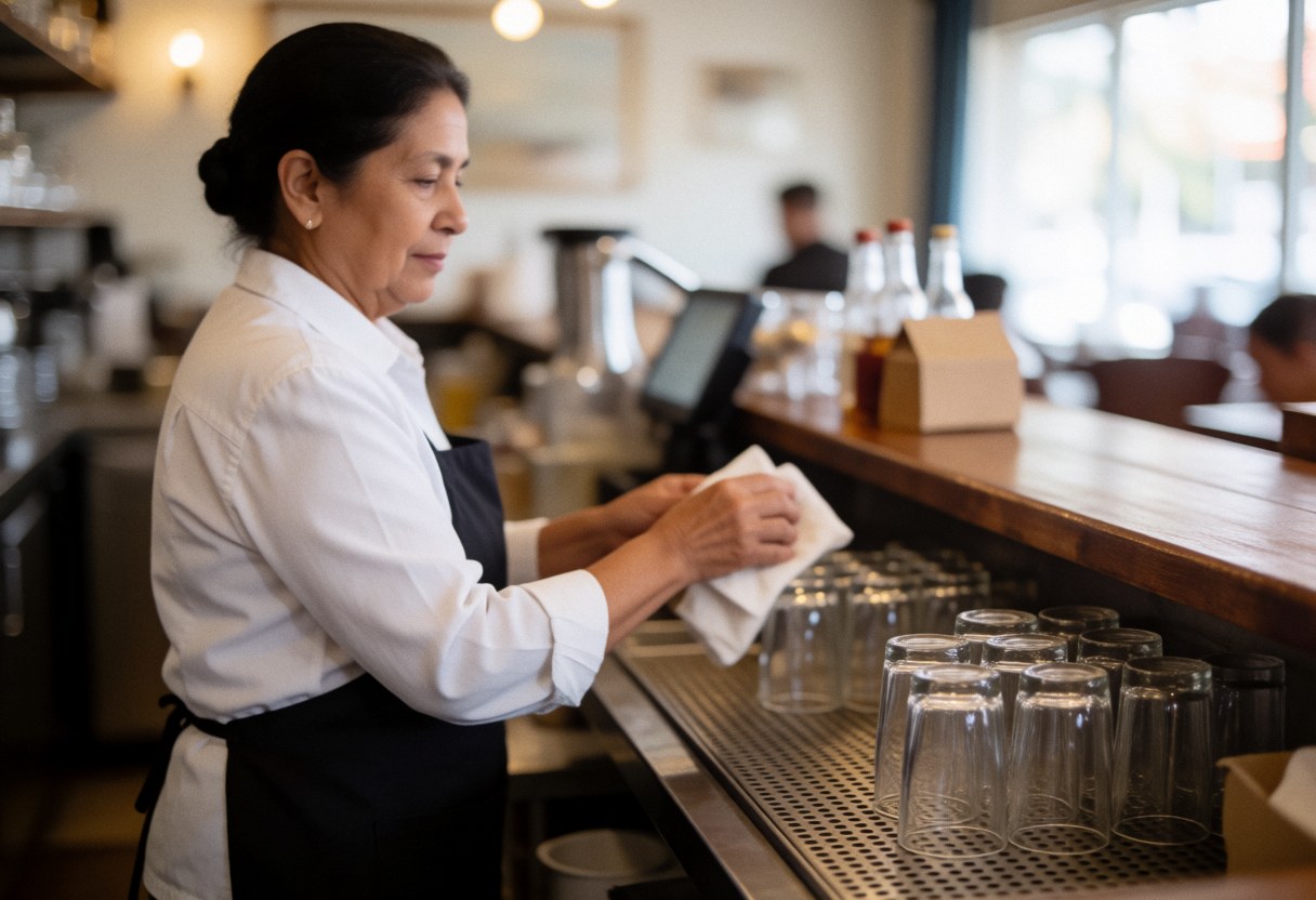 A bartender cleaning glasses on a wooden bar in a bar.