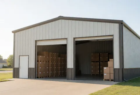 Industrial warehouse with cardboard boxes stacked on pallets, ready for shipping or receiving.