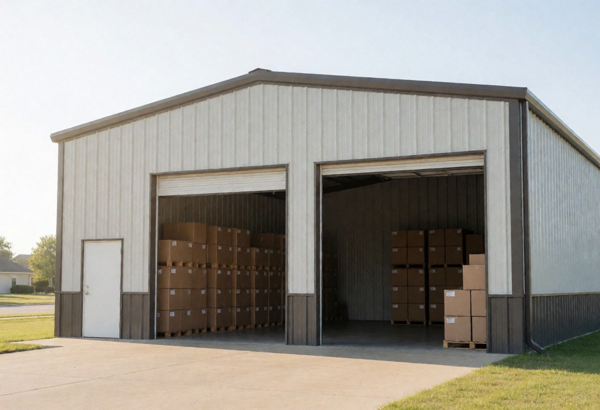 Industrial warehouse with cardboard boxes stacked on pallets, ready for shipping or receiving.