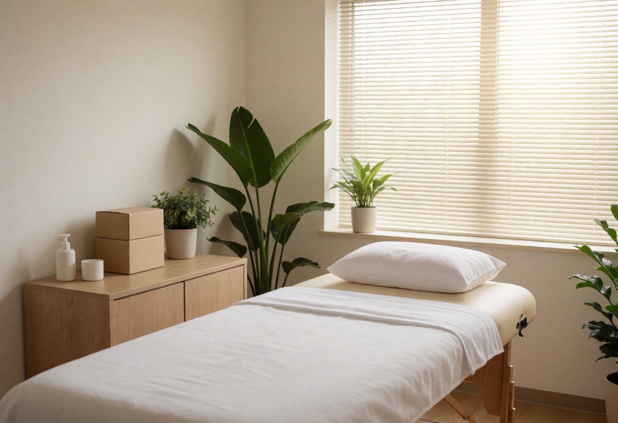 Massage table covered with white sheets in a room with green plants and natural light from the window.