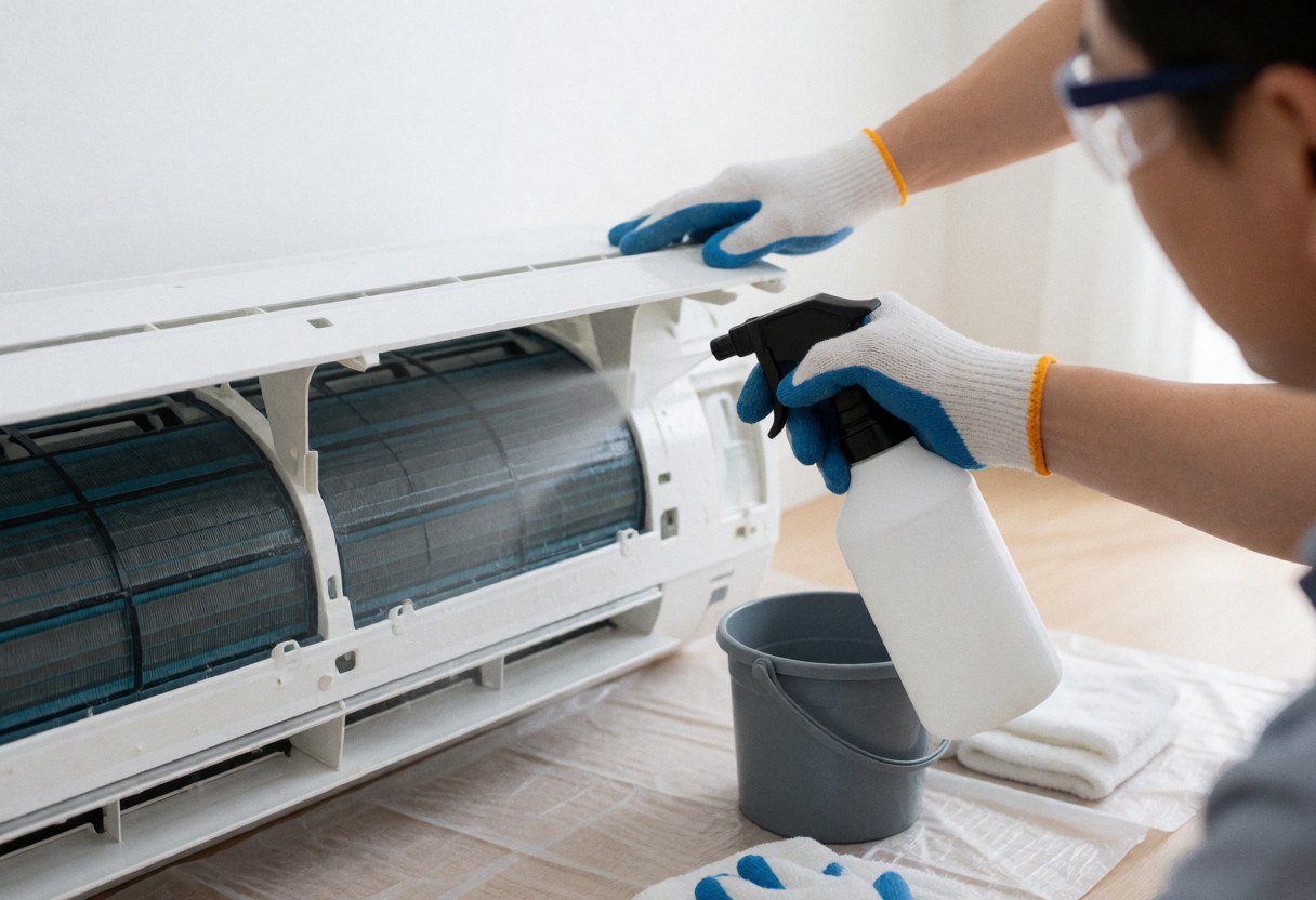 Technician with gloves and glasses cleaning the filter of a disassembled air conditioner unit with a spray bottle.