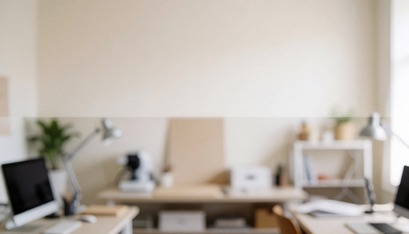 Blurred background of an office with desks, computers, and desk lamps.