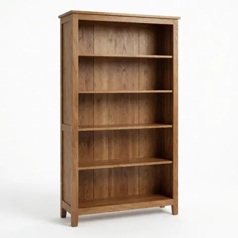 Wooden bookshelf with five empty shelves, ready to organize books in an office or living room.
