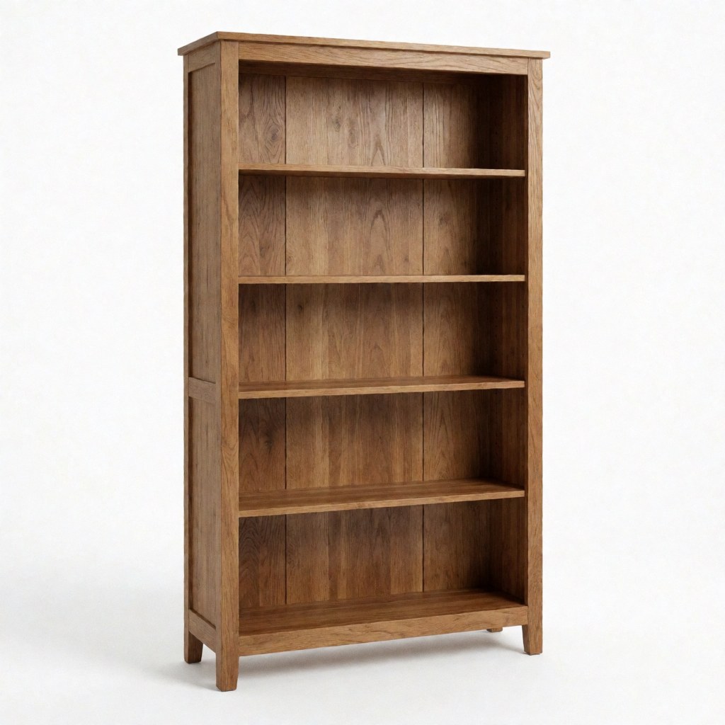 Wooden bookshelf with five empty shelves, ready to organize books in an office or living room.